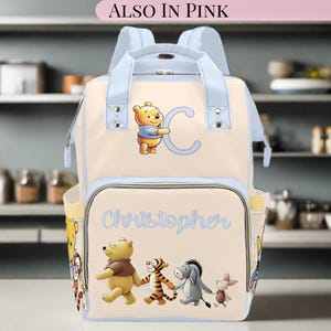 Custom Diaper Bag Monogram Pooh Bear Diaper Backpack Boy Baby Shower Gift Baby Blue Winnie the Pooh Waterproof Mommy Bag Boy Gift Idea Blue