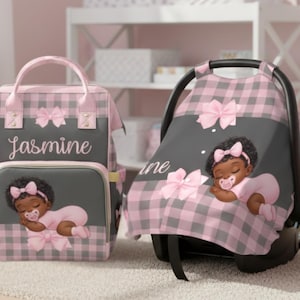 Personalized Diaper Bag Baby Shower Gift for Baby Shower Gifting New Mom Gift Diaper Bag Backpack Car Seat Cover Black Girl Pink Baby Gift