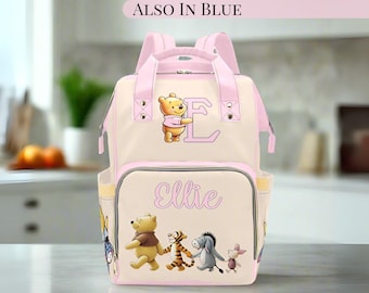 Diaper Bag Custom Monogram Pooh Bear Diaper Backpack Girl Baby Shower Gift Baby Pink Winnie the Pooh Waterproof Mommy Bag Girl Gifting Idea