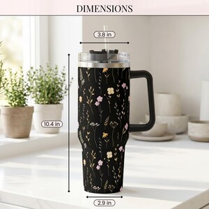 Wildflower Black Tumbler with Handle Straw Included Insulated Coffee Cup 40oz Stainless Steel Travel Mug Large Capacity Beverage Container image 6