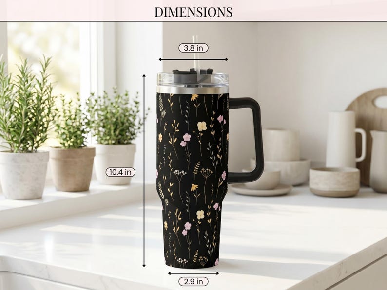 Wildflower Black Tumbler with Handle Straw Included Insulated Coffee Cup 40oz Stainless Steel Travel Mug Large Capacity Beverage Container image 6
