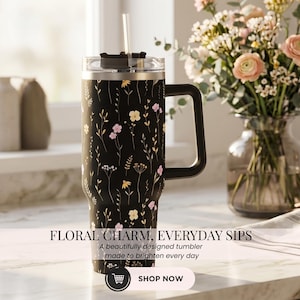 Wildflower Black Tumbler with Handle Straw Included Insulated Coffee Cup 40oz Stainless Steel Travel Mug Large Capacity Beverage Container image 13