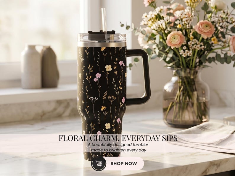 Wildflower Black Tumbler with Handle Straw Included Insulated Coffee Cup 40oz Stainless Steel Travel Mug Large Capacity Beverage Container image 13