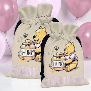 Kid Name Gift Bag Winnie the Pooh Baby Birthday Gift Bag Pink for Girl Birthday Party Favor Bag Boy Birthday Blue Party Gifting Goody Bag