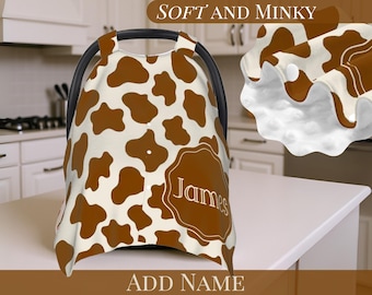 Car Seat Cover Personalized Cow Print Brown Baby Seat Canopy Soft Dot Blanket Custom Baby Name Boy Gift Cowboy Baby Shower Gift New Mom Idea