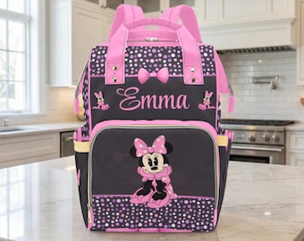 Diaper Bag Backpack For Girl Minnie Mouse in Bright Pink Custom Name Diaper Bag Girl Personalized Baby Shower Gift Waterproof Mommy Bag