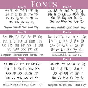 May include: A digital chart titled FONTS displaying six distinct typography styles labeled Font 1 through Font 6. Each section features the full uppercase and lowercase alphabet, followed by the names Benjamin, Michelle, Paul, Sarah, and Troy.