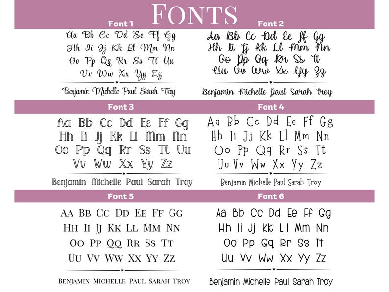 May include: A digital chart titled FONTS displaying six distinct typography styles labeled Font 1 through Font 6. Each section features the full uppercase and lowercase alphabet, followed by the names Benjamin, Michelle, Paul, Sarah, and Troy.