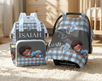 Personalized Diaper Backpack Baby Boy Shower Gift Bundle Custom Infant Bag Waterproof Mommy Car Seat Cover Blue Newborn African American