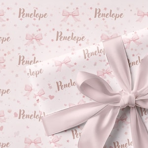 Custom Name Birthday Gift Wrap Pink Bow Pattern Paper Baby Shower Wrap Personalized Wrapping Paper Girl Celebration Coquette Party Packaging