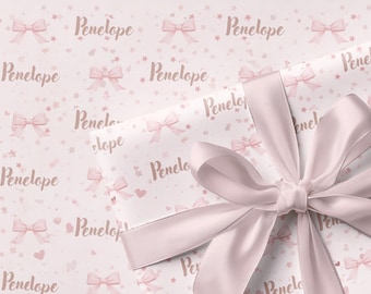 Custom Name Birthday Gift Wrap Pink Bow Pattern Paper Baby Shower Wrap Personalized Wrapping Paper Girl Celebration Coquette Party Packaging