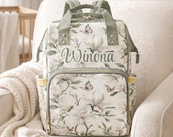 Mochila para pañales con diseño floral, color blanco, con nombre de bebé y magnolia. Bolsa para pañales impermeable con flores, bolsa para mamá, bolsa para bebé con flores y nombre.