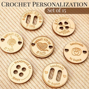 Personalized Wooden Buttons Engraved Set of 15 Handmade Labels Gift for Knitting Lover Crocheting Lover Etsy Seller Branding Supplies Custom