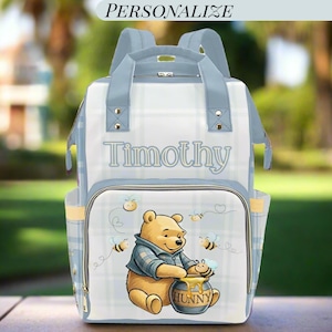 Winnie the Pooh Personalized Diaper Bag Plaid Custom Diaper Backpack Boy Blue Baby Shower Gift Waterproof Mommy Bag Backpack Gifting Idea