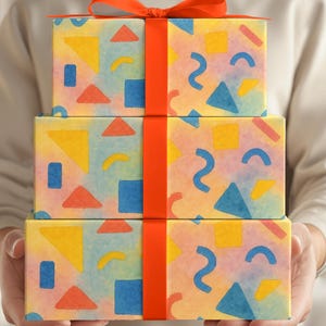 Unique Pattern Gift Wrap Custom Eclectic Design Birthday Wrapping Paper Colorful Geometric Sheet Kids Celebration Supplies Festive Party Wrapping Yellow Blue Colors Eco Friendly Paper Matte Finish Kids Birthday Gift Wrap Anniversary