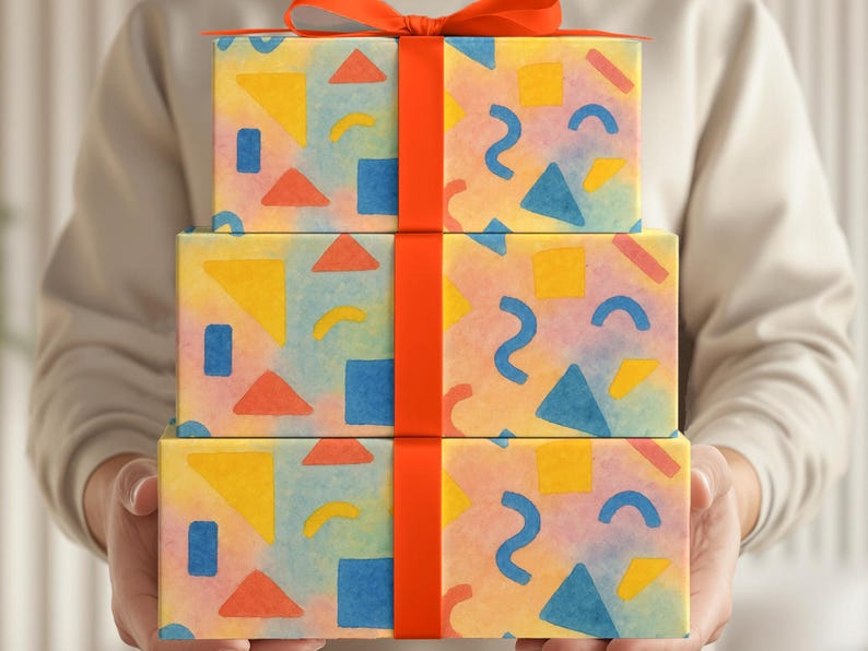 Unique Pattern Gift Wrap Custom Eclectic Design Birthday Wrapping Paper Colorful Geometric Sheet Kids Celebration Supplies Festive Party Wrapping Yellow Blue Colors Eco Friendly Paper Matte Finish Kids Birthday Gift Wrap Anniversary