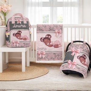 Black Girl Baby Gift Bundle Diaper Bag Backpack Car Seat Cover & Blanket Pink Lace and Bows Baby Shower Gift Idea New Mom Girl Gifting Idea