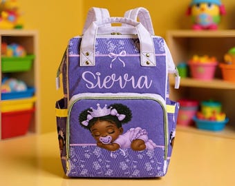 Girl Diaper Bag Backpack Waterproof Mommy Black Baby Personalized Purple Shower Gift New Mom Crown Princess Theme Nursery Carrier Durable