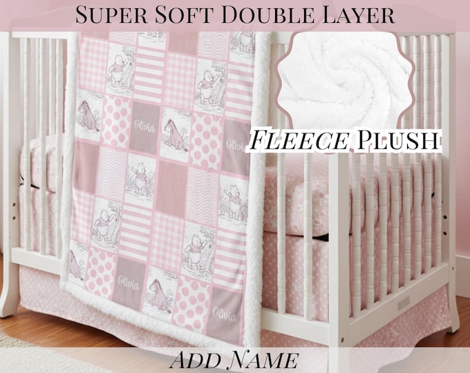 Winnie the Pooh Pink Toile Plush Blanket Personalized Girl Name Gift Idea Throw Blanket Custom Baby Name Gifting Idea Birthday Gift for Girl