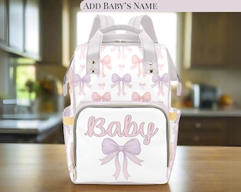 Bow Diaper Bag Backpack Personalized Pink Coquette Custom Diaper Bag Backpack Girl Purple Baby Shower Gift Waterproof Mommy Bag Gifting Idea