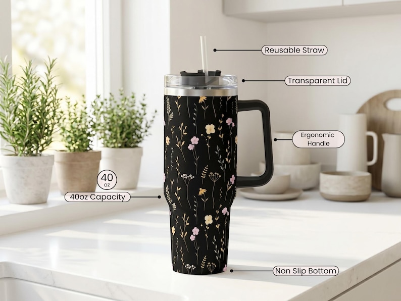 Premium Stainless Steel Tumbler 40oz Capacity Insulated Travel Mug Wildflower Black Design With Handle Straw Included Double Wall Construction Keeps Beverages Temperature Perfect Hot Cold Drinks Large Container Botanical Pattern Comfortable