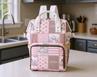 Diaper Bag Winnie the Pooh Pink Girl Toile Squares Personalized Custom Diaper Bag Backpack Baby Shower Gift Mommy Bag Backpack Gifting Idea