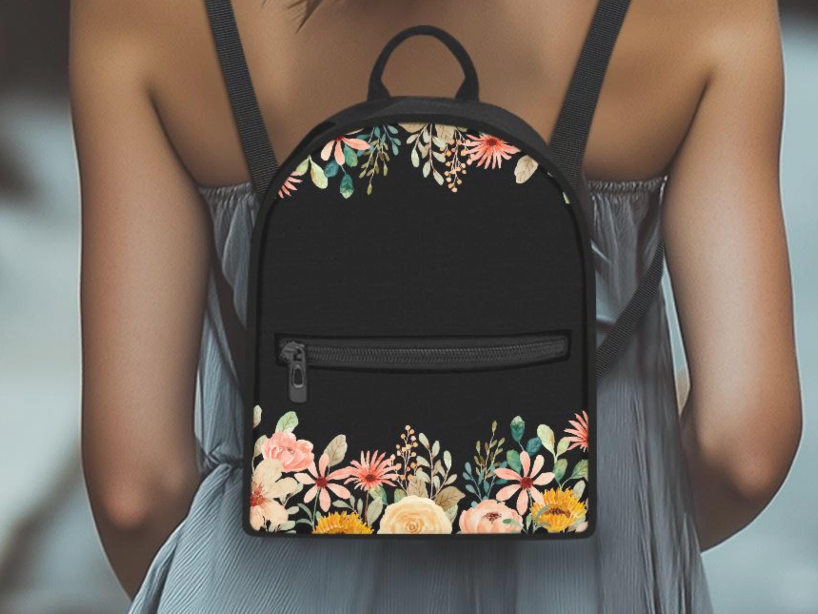 Watercolor Floral Mini Backpack with Cream Trim Mini Backpack for Mom Floral Watercolor Miniature Backpack  main image 2