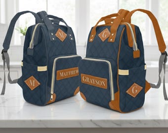 Boy Diaper Bag 3D Effect Custom Name Personalized Baby Bag Boy Monogram Navy Baby Shower Gift Leather Patch Look Mommy Bag Quilting Effect