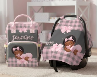 Girl Diaper Bag Bundle Black Baby in Pink Bow Car Seat Cover Custom Baby Name Personalized Baby Shower Gift Waterproof Mommy Bag Gift Idea