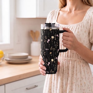 Wildflower Black Tumbler with Handle Straw Included Insulated Coffee Cup 40oz Stainless Steel Travel Mug Large Capacity Beverage Container image 8