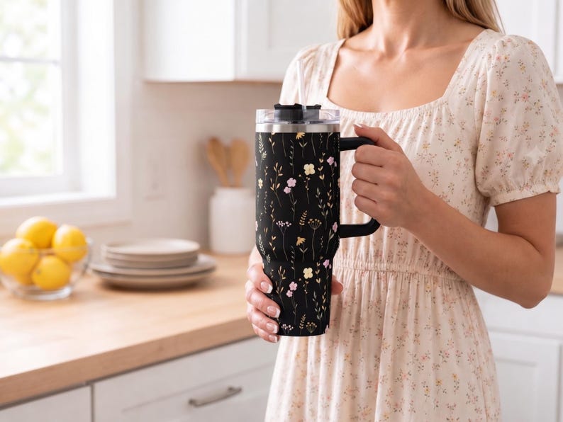 Wildflower Black Tumbler with Handle Straw Included Insulated Coffee Cup 40oz Stainless Steel Travel Mug Large Capacity Beverage Container image 8