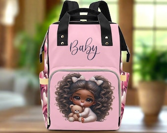 Baby Girl African American Puffy Pigtails in PJs, Binky, Teddy Bear and Hearts Diaper Backpack