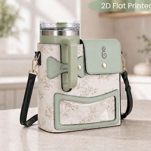 Tumbler Bag Sage Green Monogram Personalized Vegan Leather Crossbody Water Bottle Holder Storage Custom Name Travel Drink Carrier Gift New