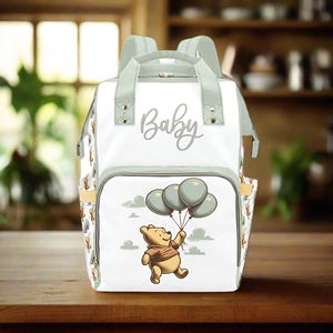 Custom Diaper Bag Backpack Winnie the Pooh Balloons Baby Bag Waterproof Diaper Bag Baby Shower Gift Idea Personalized Baby Name Custom Gift