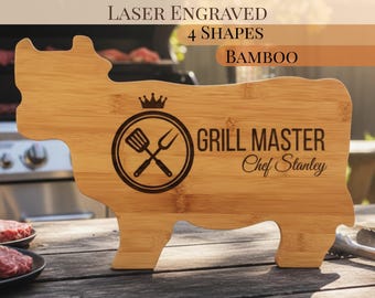 Cutting Board Engraved Dad Gift Grill Master Custom Name Gift for Him Butcher Board Rectangle Fish Cow and Round Shape Personalized Board