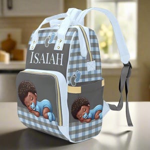 Black Baby Boy Custom Diaper Bag Bluy Baby Shower Gift Diaper Bag Backpack Ethnic Personalized Mommy Bag Baby Gift Backpack Plaid Diaper Bag