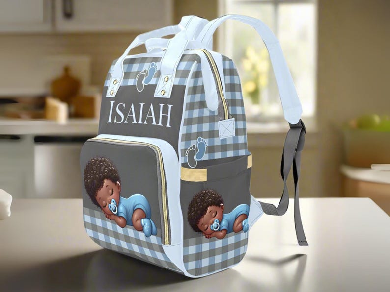 Black Baby Boy Custom Diaper Bag Bluy Baby Shower Gift Diaper Bag Backpack Ethnic Personalized Mommy Bag Baby Gift Backpack Plaid Diaper Bag