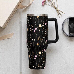 Wildflower Black Tumbler with Handle Straw Included Insulated Coffee Cup 40oz Stainless Steel Travel Mug Large Capacity Beverage Container image 12
