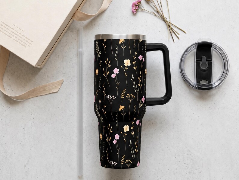 Wildflower Black Tumbler with Handle Straw Included Insulated Coffee Cup 40oz Stainless Steel Travel Mug Large Capacity Beverage Container image 12