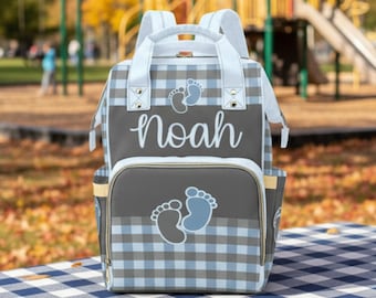 Custom Baby Name Boy Diaper Bag Baby Shower Gift Blue Diaper Bag Backpack Plaid Personalized Mommy Bag Baby Gift Backpack Gingham Diaper Bag