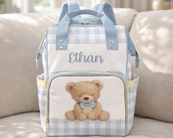 Boy Baby Bag Custom Baby Name Dusty Baby Blue Plaid Teddy Bear Diaper Bag Backpack Personalized Waterproof Diaper Bag Mommy Boy Shower Gift