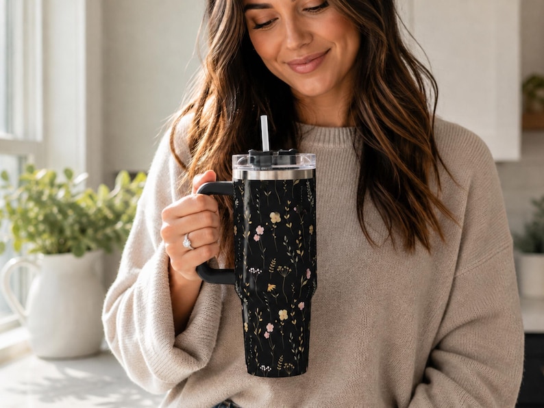 Large Capacity 40oz Tumbler Insulated Stainless Steel Travel Mug With Handle Straw Included Wildflower Black Design Keeps Hot Cold Beverages Perfect Temperature Double Wall Insulation Comfortable Grip Handle Daily Commute Office Essential