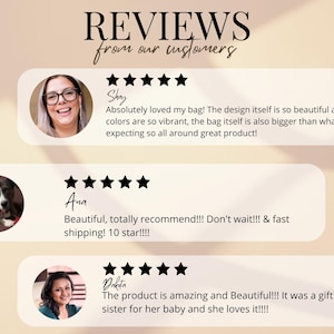 Peut inclure: Image pr&eacute;sentant des avis clients avec des &eacute;valuations par &eacute;toiles et des t&eacute;moignages. Le texte indique "REVIEWS from our customers". Les avis sont de Shay, Ana et Dakota, chacun avec une photo et un commentaire positif sur un produit.