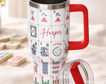 Mahjong Tumbler Personalized Game Cup 40oz Insulated Stainless Steel Custom Name Drinkware Tile Design Gift Player Lover Night Handle Mug