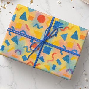 Birthday Wrapping Paper Colorful Gift Wrap Kids Celebration Sheet Eco Friendly Unique Custom Eclectic Pattern Yellow Blue Geometric Festive image 6