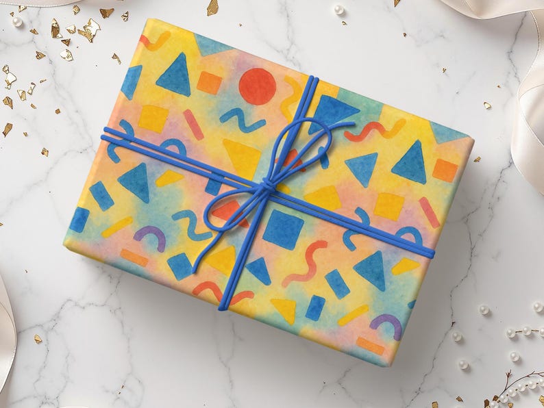 Birthday Wrapping Paper Colorful Gift Wrap Kids Celebration Sheet Eco Friendly Unique Custom Eclectic Pattern Yellow Blue Geometric Festive image 6