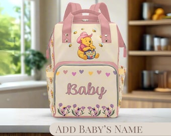 Winnie the Pooh Pink Girl Diaper Bag Personalized Pink Cowboy Diaper Backpack Disco Ball Hunny Pot Baby Shower Gift Waterproof Mommy Bag