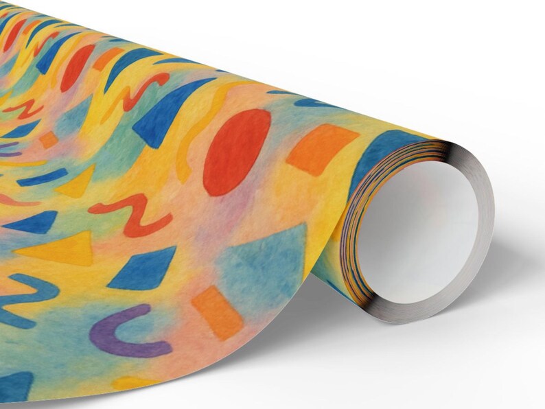 Birthday Wrapping Paper Colorful Gift Wrap Kids Celebration Sheet Eco Friendly Unique Custom Eclectic Pattern Yellow Blue Geometric Festive image 7