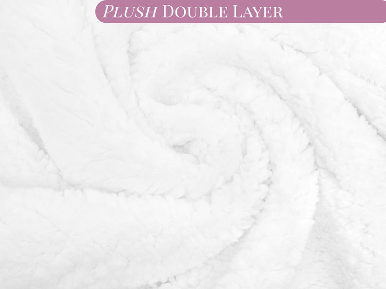 May include: A white plush double layer fabric with a soft, textured, and fleecy surface. The material is arranged in a swirling pattern, creating depth and shadows within the folds. The text PLUSH DOUBLE LAYER is visible in a purple banner.