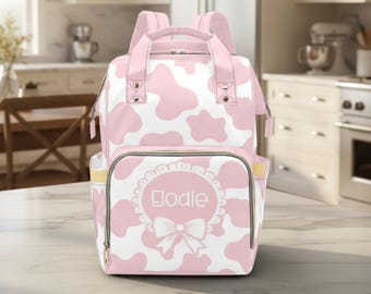 Personalized Diaper Bag Custom Girl Baby Name Backpack Diaper Bag Cow Baby Shower Gift Cow Print Diaper Bag Pink Mommy Bag Girl Diaper Bag